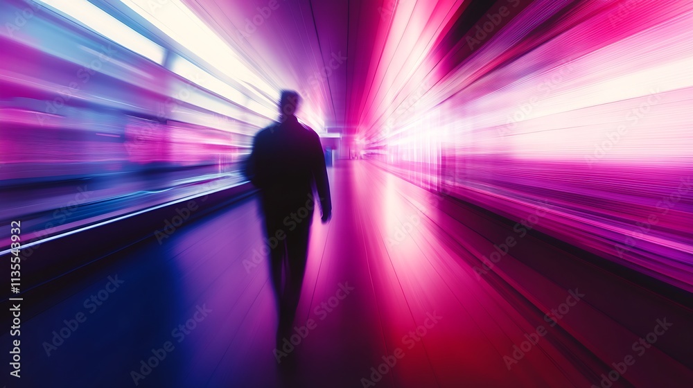 Poster lone silhouette walking through vibrant neon tunnel depicting speed and motion : generative ai