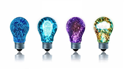 Digital transformation in glowing light bulbs: binary code, circuits, and cloud - futuristic data innovation background header