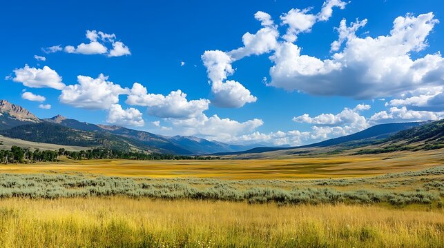 Vast Yellowstone Valley Landscape. Scenic Mountain View. Sunny Day.