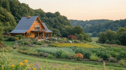 Fototapeta premium A serene countryside home surrounded by vibrant gardens and lush greenery at sunset.