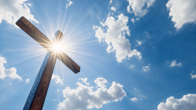 Wooden Christian cross glowing with radiant sunburst and blue skies, symbolizing Catholic faith, hope, and spiritual grace for banners