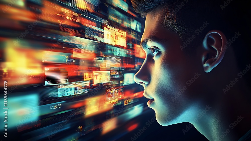 Poster teen focused on high-speed digital streams and data flow interaction : generative ai
