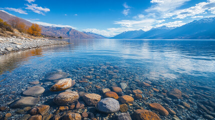 Tranquil lake view with clear water and rocky shoreline surrounded by mountains