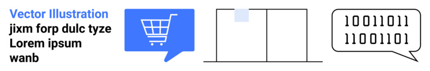 Shopping cart in blue speech bubble, bar chart, binary code speech bubble. Ideal for e-commerce, data analysis, digital communication, online transactions, information technology, coding