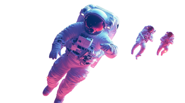 Astronauts in Vivid Space: A captivating image of astronauts floating in the cosmos, bathed in vibrant pink and purple hues.  The scene is both futuristic and dreamlike.