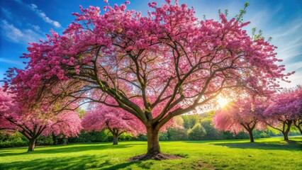 Obraz premium Lush green tree in full bloom during spring season with vibrant pink flowers, nature, springtime, blooming, blossoms