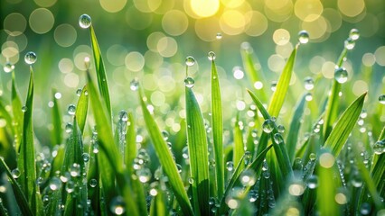 Fototapeta premium Close up view of sparkling dew drops on lush green blades of grass, nature, morning, freshness, water droplets