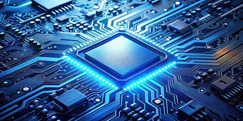 Fototapeta premium Technology circuit board with blue light highlights and electronic components , circuit board, technology