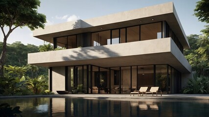 Fototapeta premium Luxury modern house with black steel accents, blending a minimalistic design and hotel-style interiors inspired by earthy textures and contemporary aesthetics. (AI-generated )