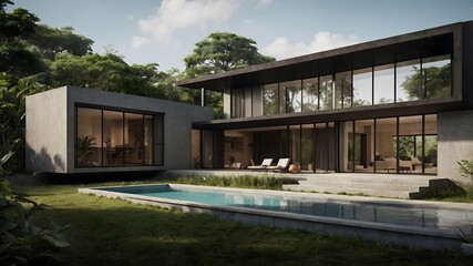 Fototapeta premium Luxury modern house with black steel accents, blending a minimalistic design and hotel-style interiors inspired by earthy textures and contemporary aesthetics. (AI-generated )