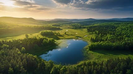 Aerial view of a serene lake surrounded by lush forests and rolling hills at sunrise. Scenic landscape.