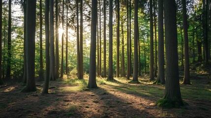 Obraz premium Sunlight filtering through a dense forest. Concept of nature, tranquility, and serenity.