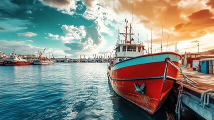 Obraz premium Fishing boat at sunset harbor. Concept of maritime industry, fishing, and transportation.