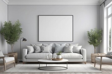 Coastal style living room interior, room in Dove Gray colors, blank white poster frame