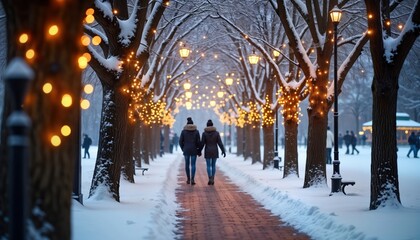 Couple walks down snowy path lined with trees adorned with warm Christmas lights. Winter wonderland scene. People enjoy a snowy day outdoors. Festive atmosphere. Snowy road and trees. Snowy winter