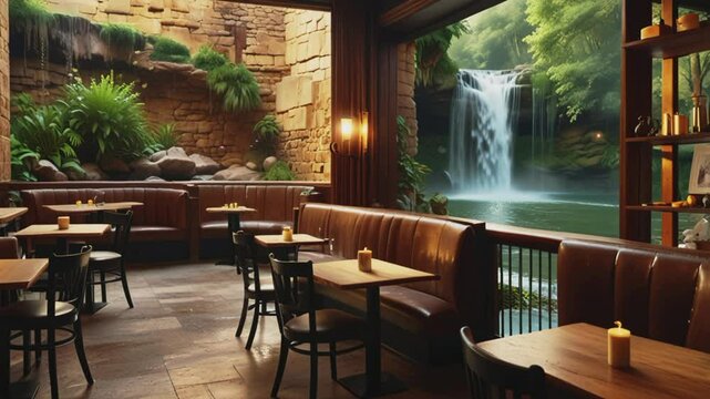 Brick wall cafe by the waterfall, seamless 4K virtual video animation background