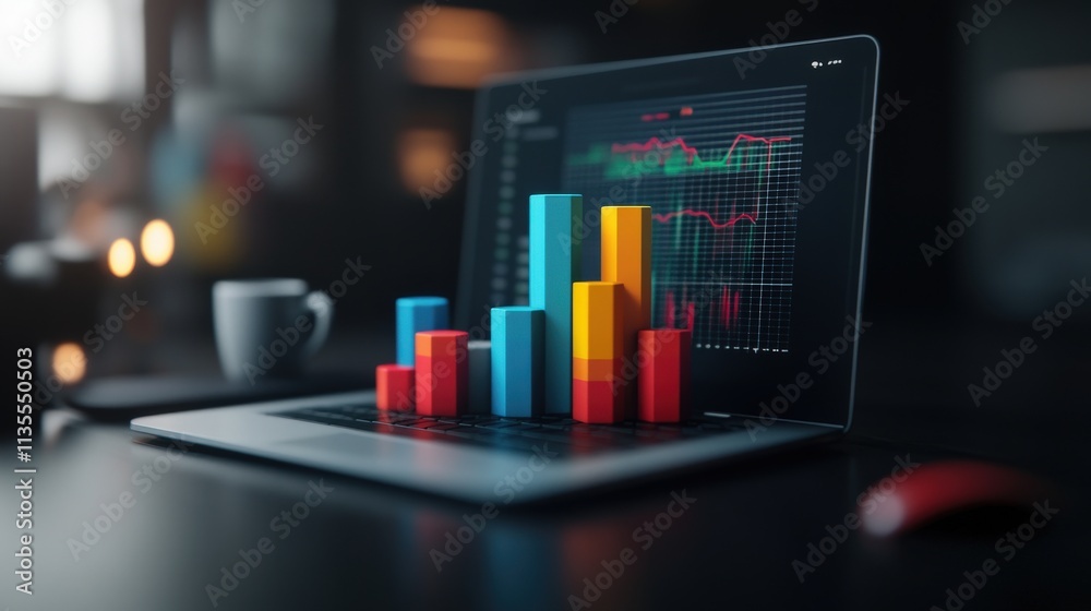 Poster Vibrant 3D Graphs and Charts Displayed on a Laptop Screen Showcasing Financial Data and Insights with Blurred Background for Business and Technology Themes