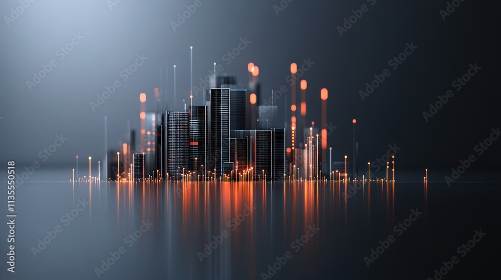 Poster Futuristic Urban Landscape with Glowing Lights and Abstract Structures Reflecting on Water Surface in a Modern Architectural Setting