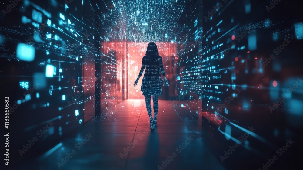 Poster Mysterious Figure Walking Through a Digital Corridor with Floating Data Particles and Ambient Light in a Futuristic Environment