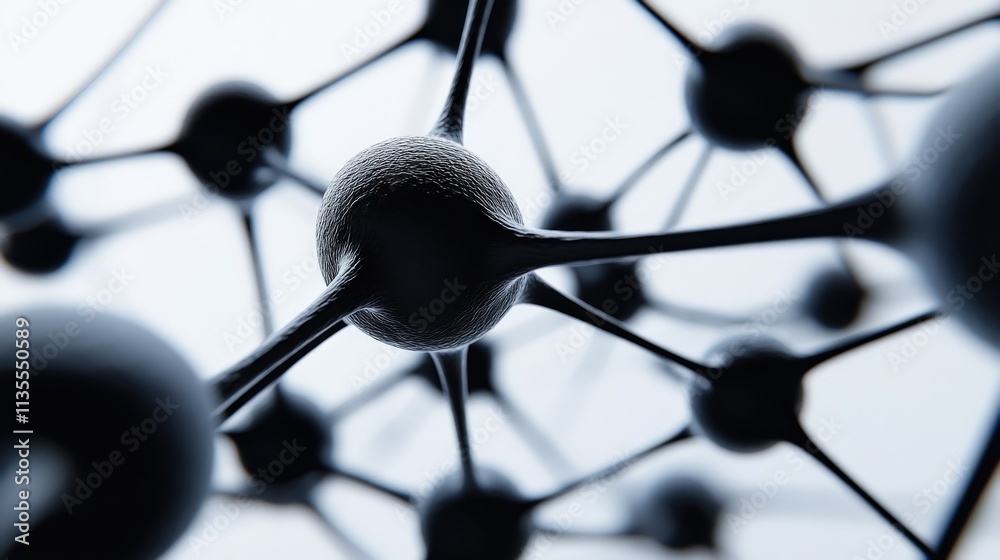 Poster Abstract close-up view of interconnected black spheres and threads representing molecular structure, scientific research, and advanced technology concepts
