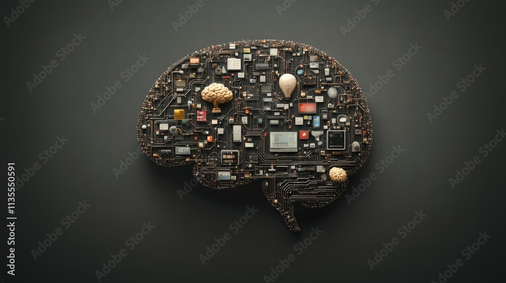 Poster Intricate Fusion of Technology and Human Thought Represented as a Circuit Board Brain with Components and Neurons Integrated into a Modern Artistic Concept
