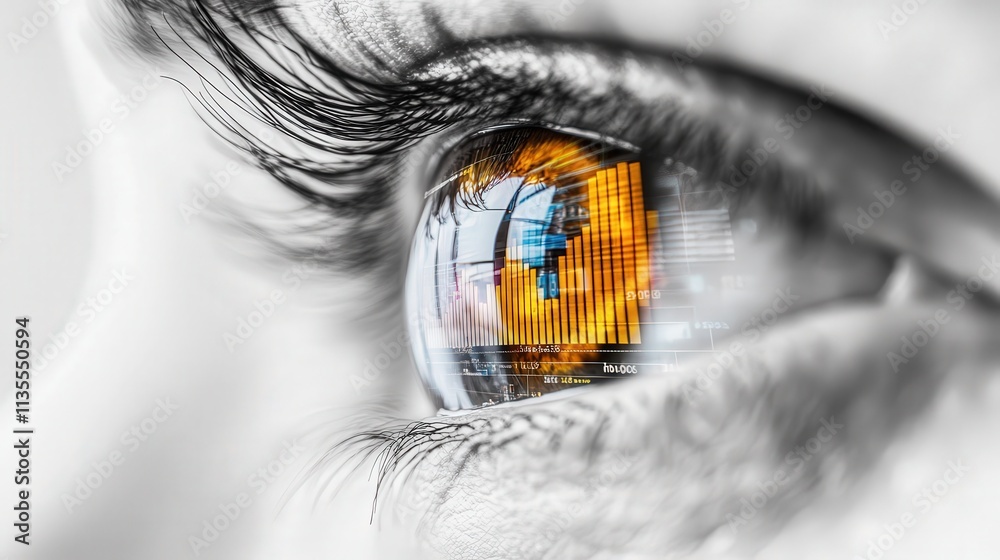 Poster close-up view of human eye reflecting stock market charts and data, symbolizing financial insights a