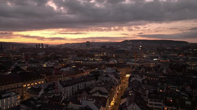 sunset sky night illuminated zurich city center aerial panorama 4k switzerland   
