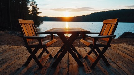 Obraz premium Sunset dining experience at a lakeside table scenic view nature photography relaxing environment