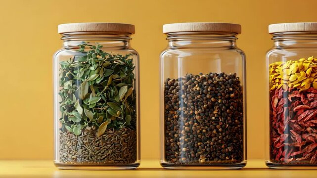 Spice jars filled with various herbs and spices against a vibrant yellow background