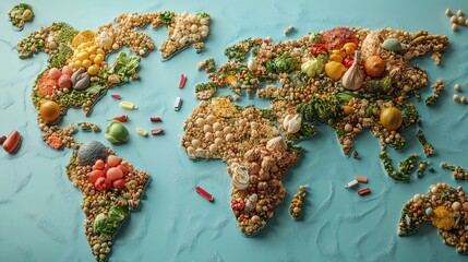 Colorful edible world map made of various foods.