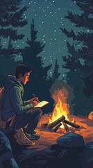 Man Writing by Campfire Under Night Sky