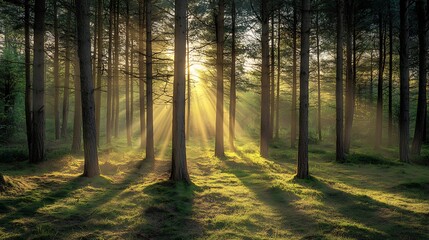 Naklejka premium Golden Sunlight in a Forest. Concept of Nature, Tranquility, and Serenity.