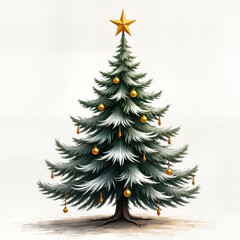 Fototapeta premium Christmas tree illustration with gold star on top. Decorated with golden ornaments, hanging decorations. Isolated on white background. Perfect for holiday greeting cards, posters, seasonal design
