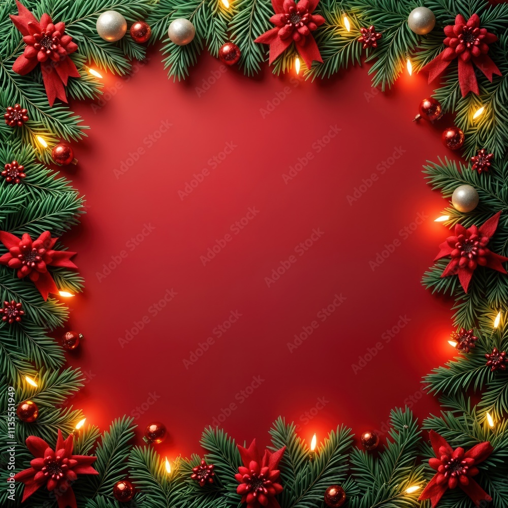 Poster festive christmas background with red, green details. christmas tree branches form square frame arou