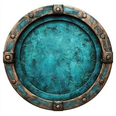 Fototapeta premium A weathered circular metal shield with a turquoise patina and bronze accents, featuring rivets, AI