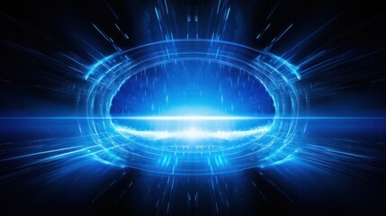 A bright blue light portal with a neon glow, featuring cascading light trails and abstract energy waves that give