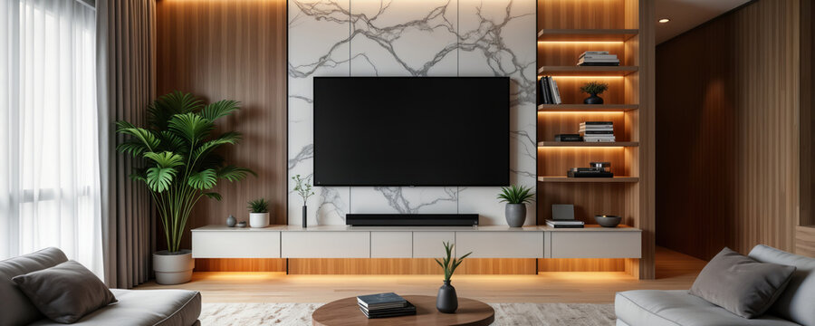 Modern living room interior design. Minimalist style. Light wood paneling complements white marble wall. Stylish TV unit with LED lights. Comfortable couch, coffee table. Peaceful, inviting space.
