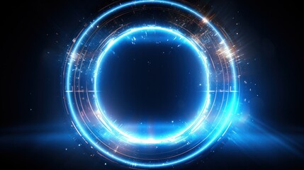 A circular blue portal with a vibrant neon glow, emitting soft light beams and surrounded by small energy particles floating around the edges