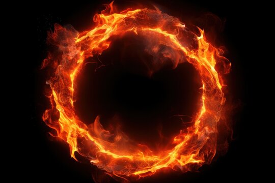 A circular fire ring with glowing embers and a gradient of red to orange hues, showcasing the energy and power of the flames, isolated on white background
