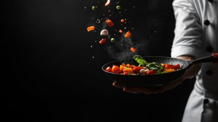 Black background, a chef holding a pan with flying ingredients in hand and turning it over to the side