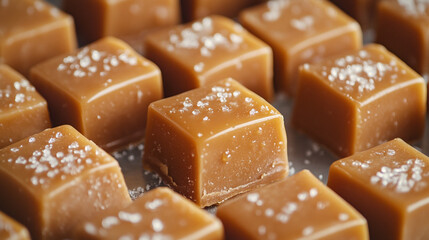 Enjoying homemade caramel squares topped with sea salt in a kitchen setting