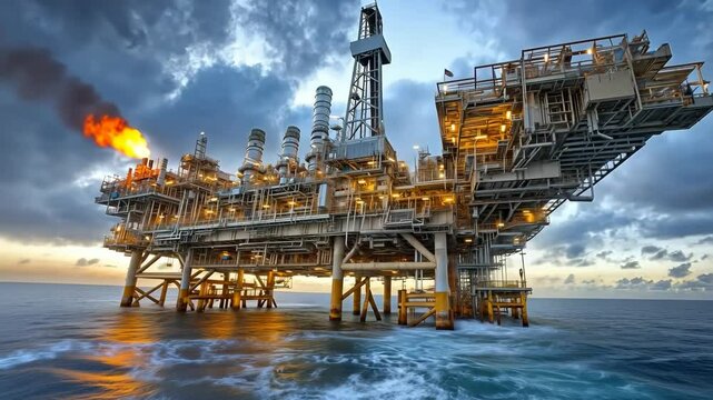 A majestic offshore oil rig illuminated at twilight, flames flaring amidst dynamic ocean waves and dramatic skies by Generative Ai.