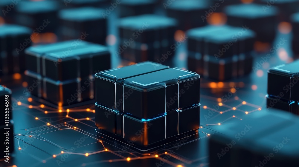 Poster abstract representation of futuristic technology with glowing network connections and dark cubes, sy