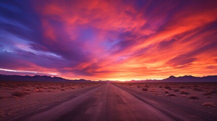 Naklejka premium A straight, empty highway cuts through a vast, arid desert with a dramatic sunset sky featuring vibrant orange, pink