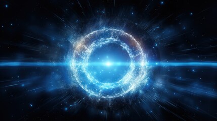 Obraz premium A swirling blue light portal with a bright neon glow, radiating waves of energy outward, surrounded by sparks and light particles