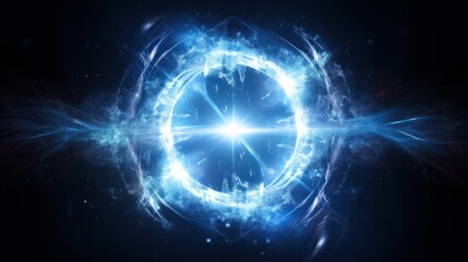 Obraz premium A swirling blue light portal with a bright neon glow, radiating waves of energy outward, surrounded by sparks and light particles
