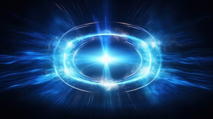 Obraz premium A swirling blue light portal with a bright neon glow, radiating waves of energy outward, surrounded by sparks and light particles