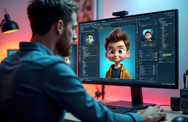 Man focuses on 3D character design at computer workstation. Intently works on cartoon character model. Digital art software shows design progress. Modern workplace tech tools used for creative work.