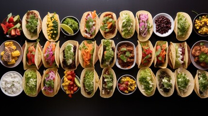 A table filled with a variety of tacos, each with different fillings and garnishes, arranged neatly, ready to be enjoyed