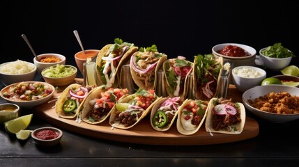 Fototapeta premium A table filled with a variety of tacos, each with different fillings and garnishes, arranged neatly, ready to be enjoyed